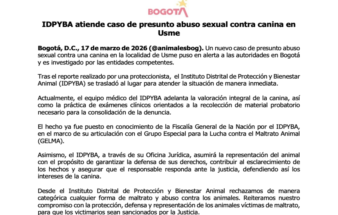 IDPYBA atiende caso de presunto abuso sexual contra canina en Usme